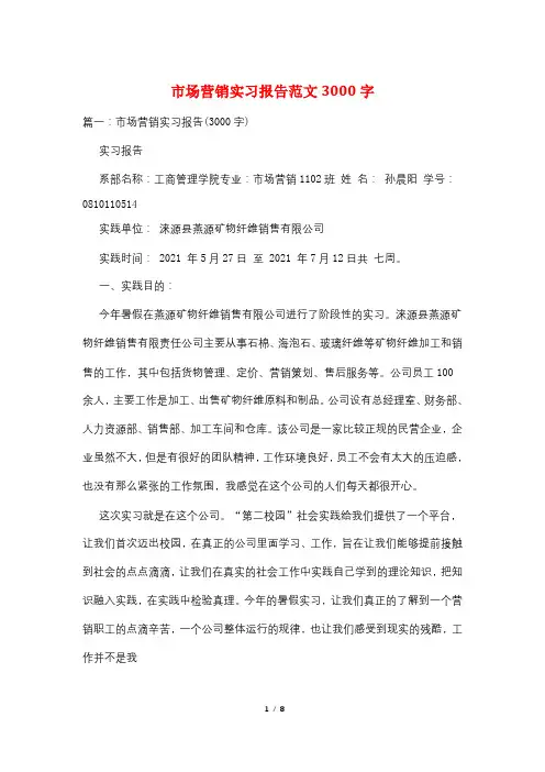 市场营销实习报告范文3000字 2