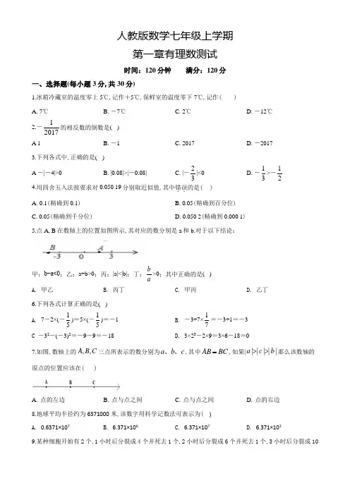 人教版数学七年级上册第一章有理数综合检测题(附答案)
