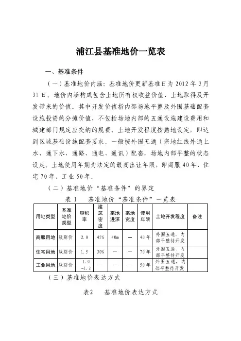 浦江县基准地价一览表