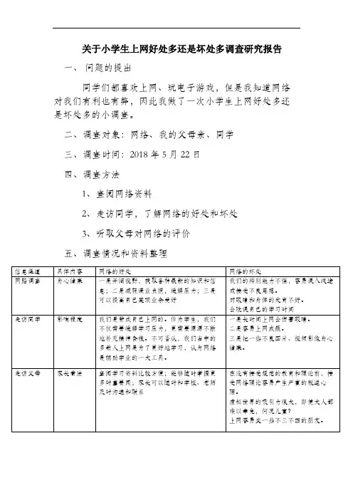 关于小学生上网好处多还是坏处多调查研究报告