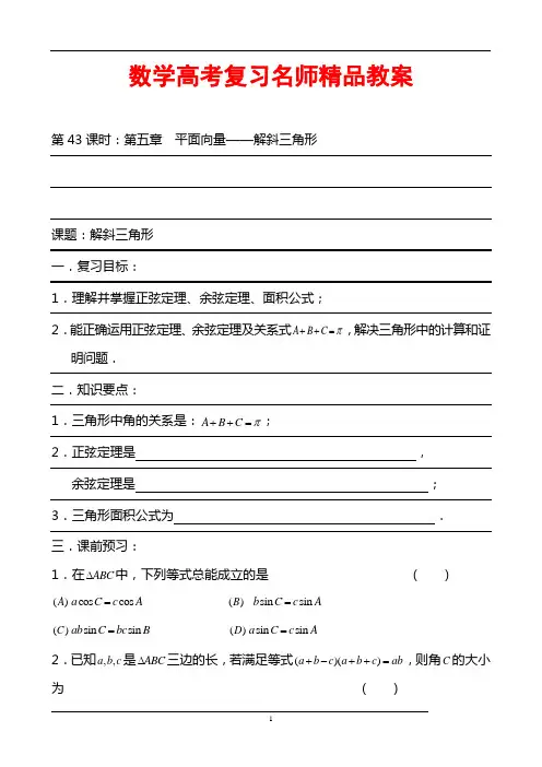 数学高考复习名师精品教案：第43课时：第五章  平面向量-解斜三角形