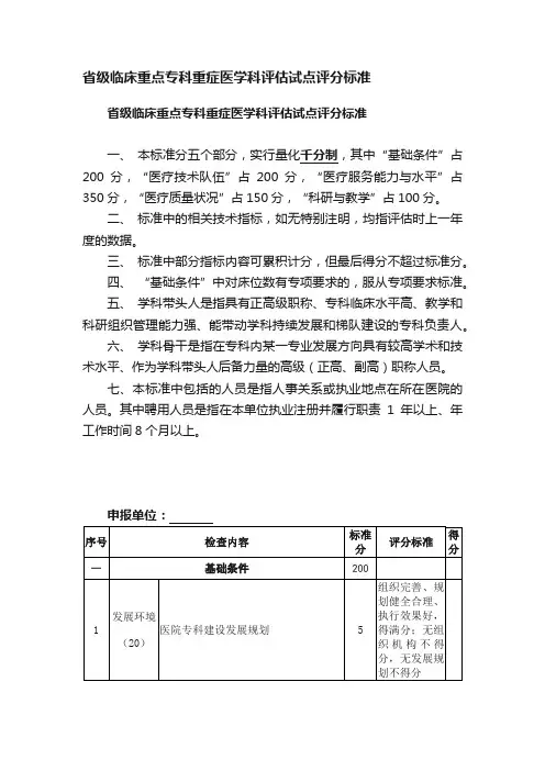 省级临床重点专科重症医学科评估试点评分标准