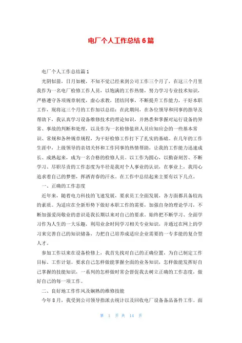 电厂个人工作总结6篇
