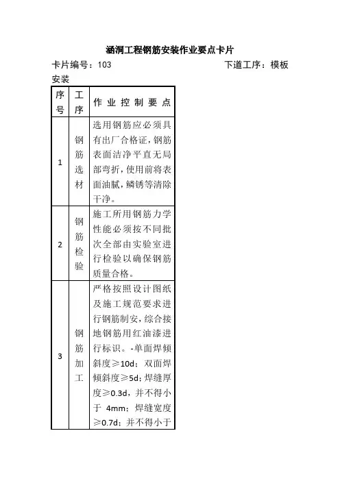 涵洞工程钢筋安装作业要点卡片