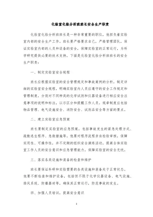 化验室化验分析班班长安全生产职责