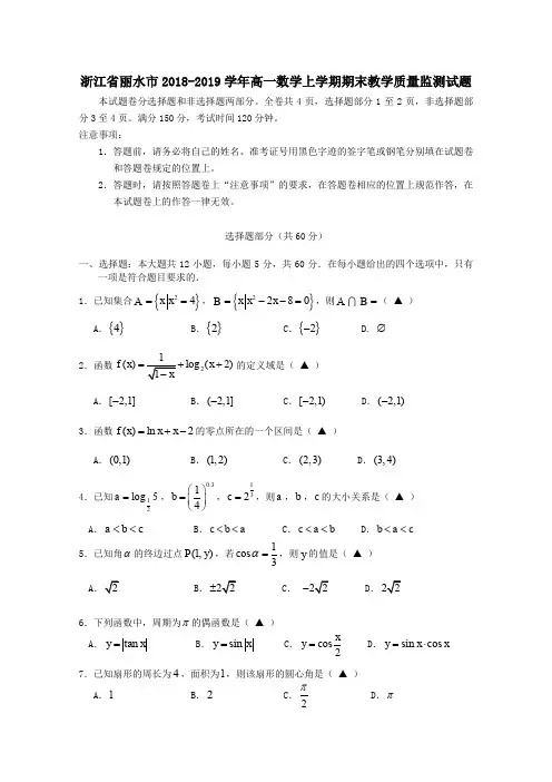 浙江省丽水市2018_2019学年高一数学上学期期末教学质量监测试题