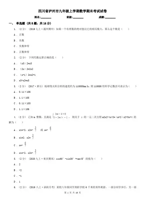 四川省泸州市九年级上学期数学期末考试试卷