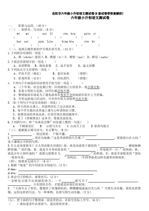 岳阳市六年级小升初语文测试卷(8套试卷带答案解析)