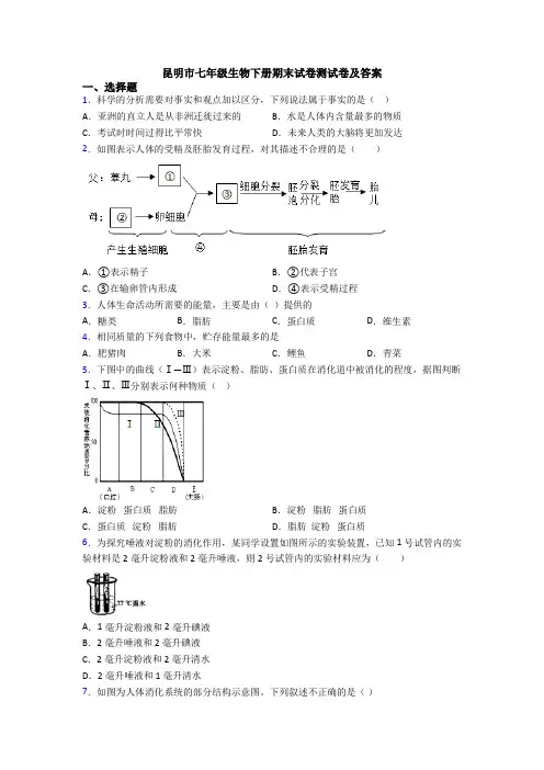 昆明市七年级生物下册期末试卷测试卷及答案