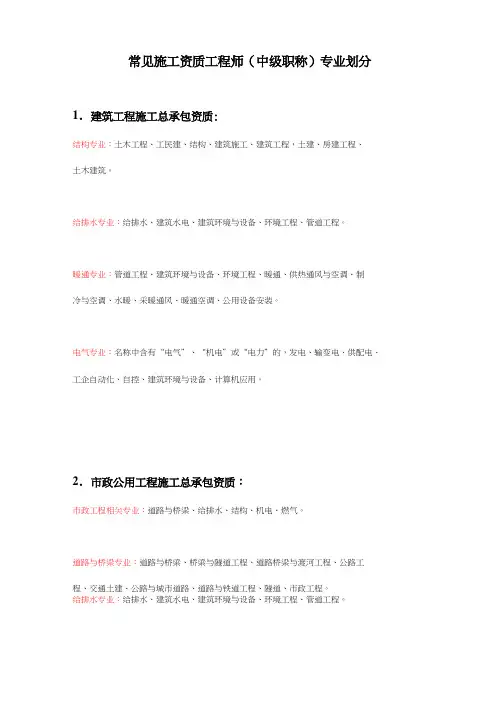 常见施工资质中工程师(中级职称)专业划分表