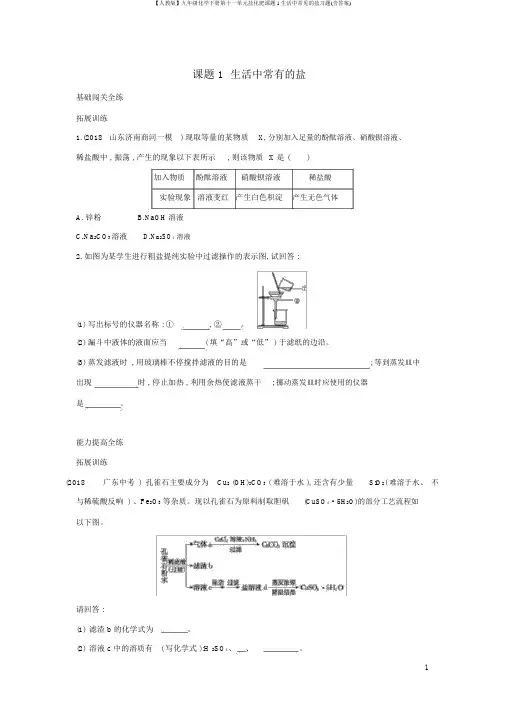 【人教版】九年级化学下册第十一单元盐化肥课题1生活中常见的盐习题(含答案)