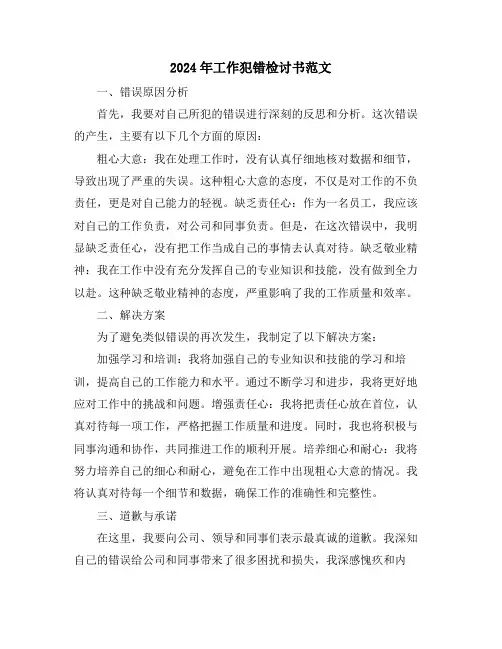 2024年工作犯错检讨书范文