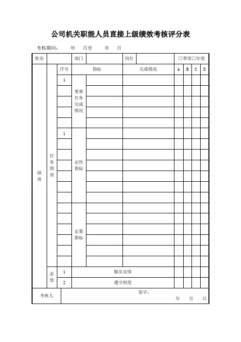 公司机关职能人员直接上级绩效考核评分表