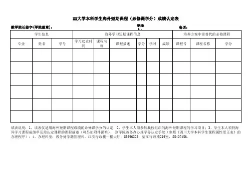 XX大学本科学生海外短期课程(必修课学分)成绩认定表