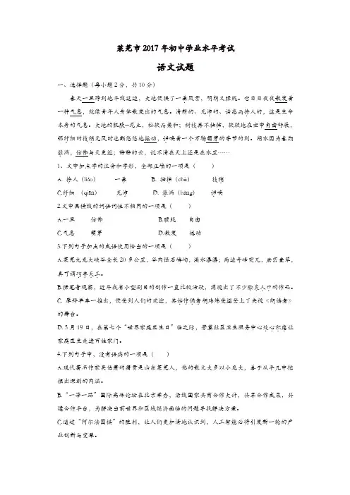 语文中考：2017莱芜市中考语文真题【精品】