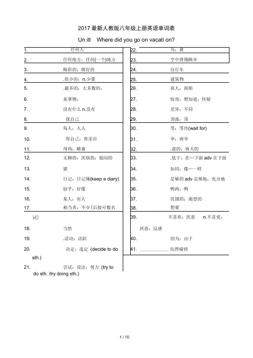 2017人教版八年级上册英语单词表(默写版)