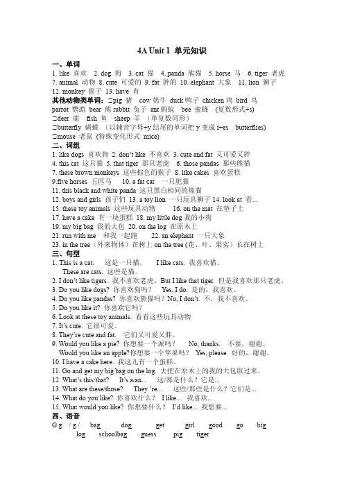 Unit1Ilikedogs单元知识(知识清单)译林版英语四年级上册