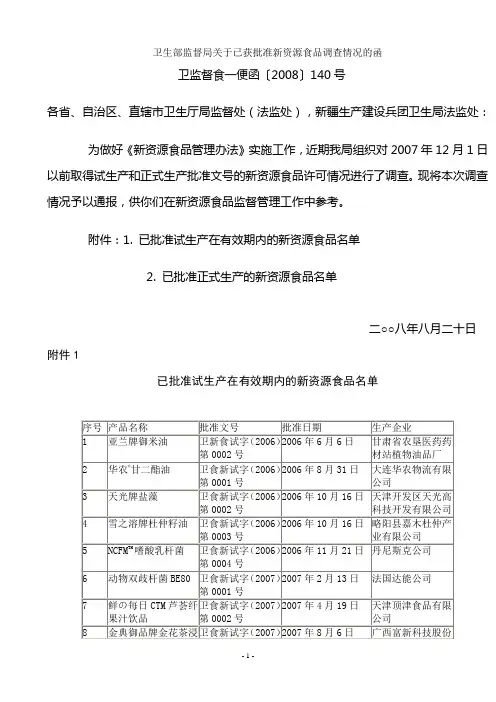 卫生部监督局关于已获批准新资源食品调查情况的函