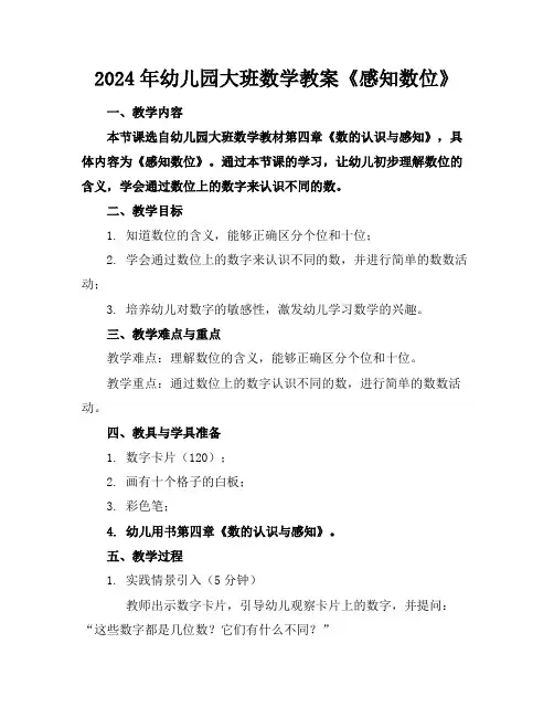 2024年幼儿园大班数学教案《感知数位》