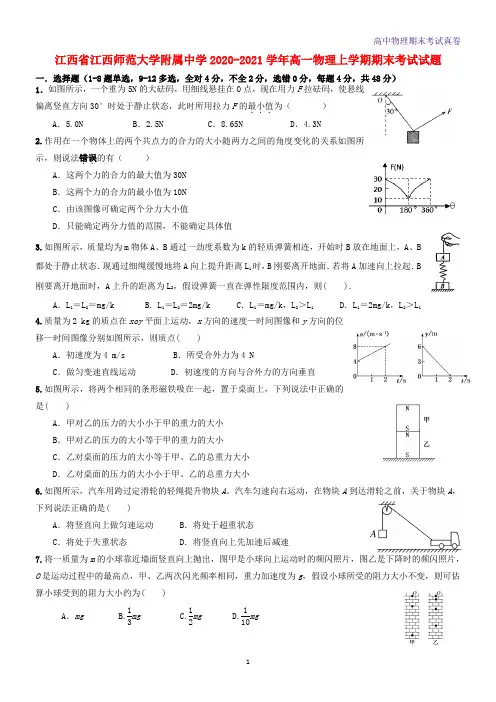 江西省江西师范大学附属中学2020-2021学年高一物理上学期期末考试物理试题