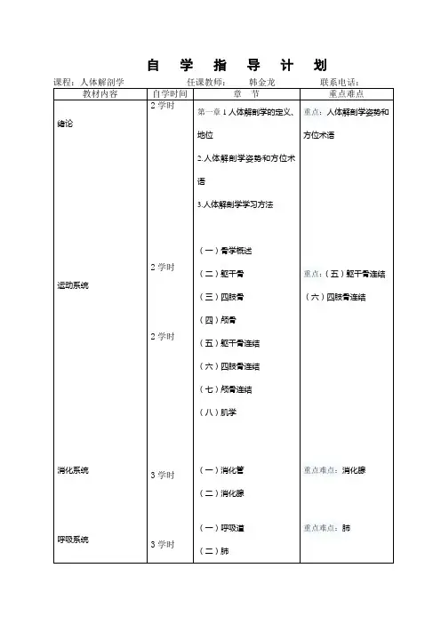 人体解剖学自学指导计划