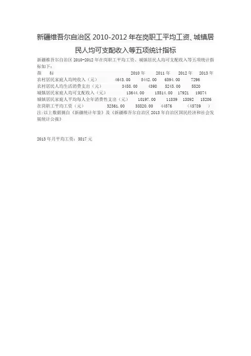 2010-2013年新疆维吾尔自治区在岗职工平均工资参照标准