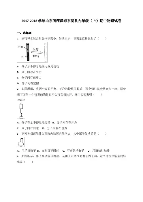 山东省菏泽市东明县九年级上学期期试物理试题