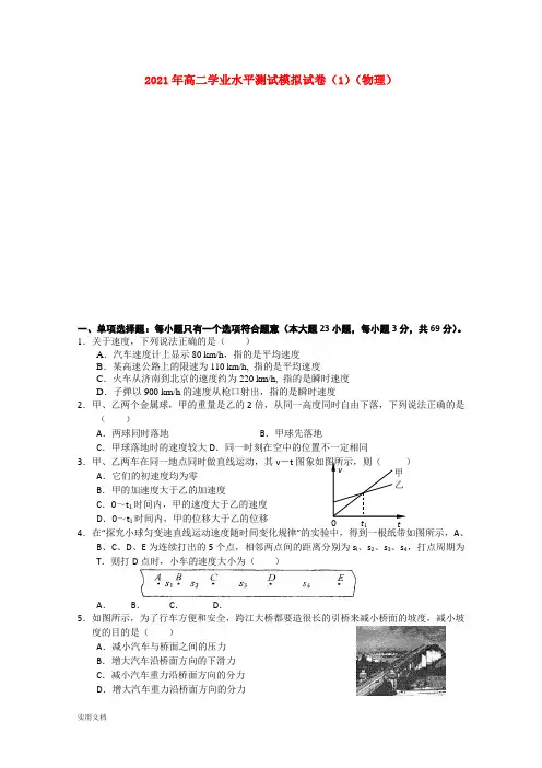 2021-2022年高二学业水平测试模拟试卷(1)(物理)