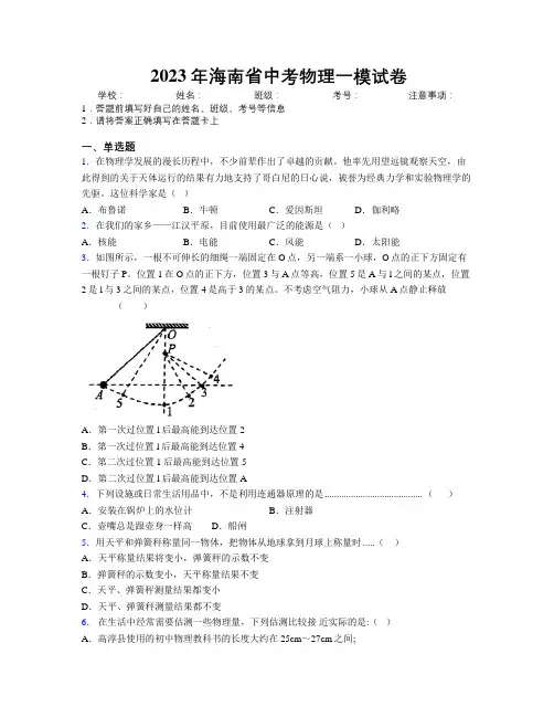 2023年海南省中考物理一模试卷附解析