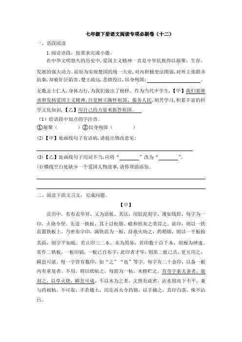 七年级下册语文阅读专项必刷卷12 试卷(含答案)