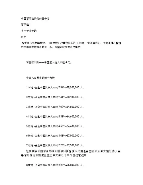 中国百家姓排名前五十名
