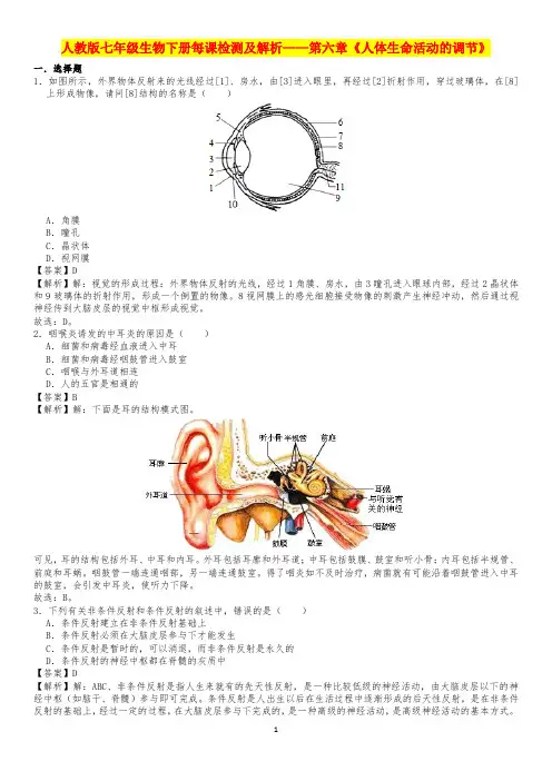 人教版七年级生物下册每课检测及解析——第六章《人体生命活动的调节》