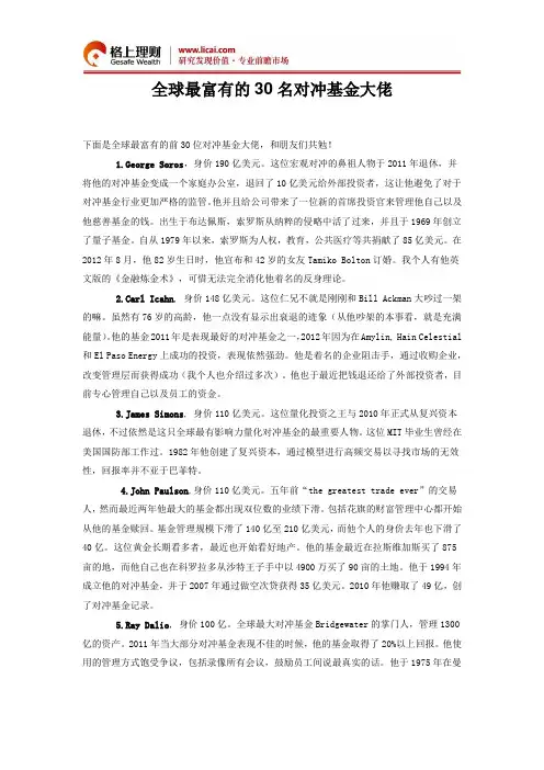 全球最富对冲基金大佬排名