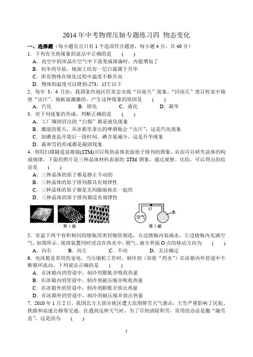 2014年中考物理压轴题练习4 物态变化