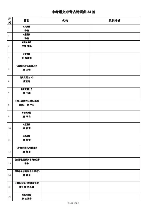中考语文必背古诗词曲34首