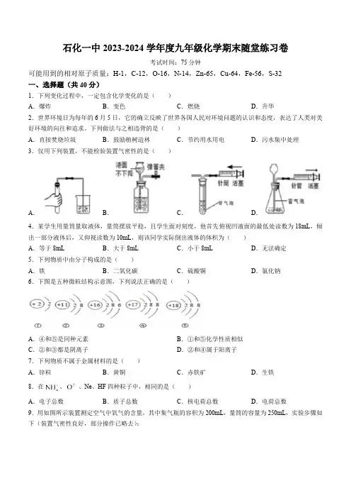 安徽省安庆市石化第一中学2023-2024学年九年级上学期期末考试化学试卷