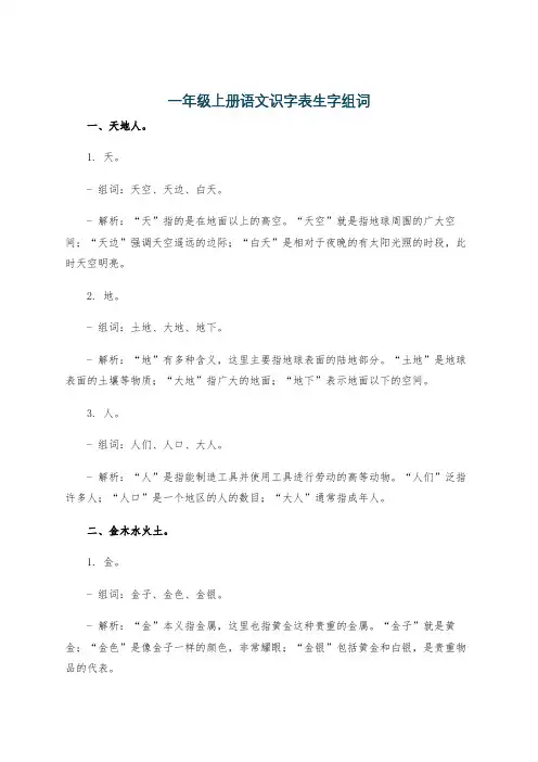 一年级上册语文识字表生字组词