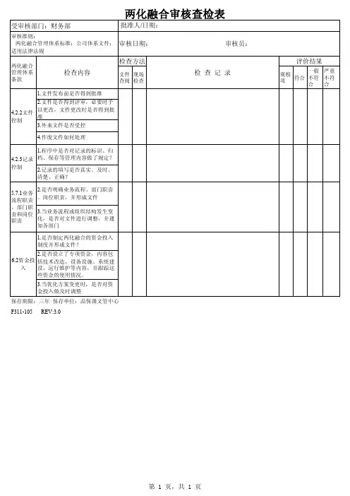 两化融合内审检查表财务部