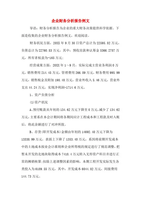 2019年企业财务分析报告例文