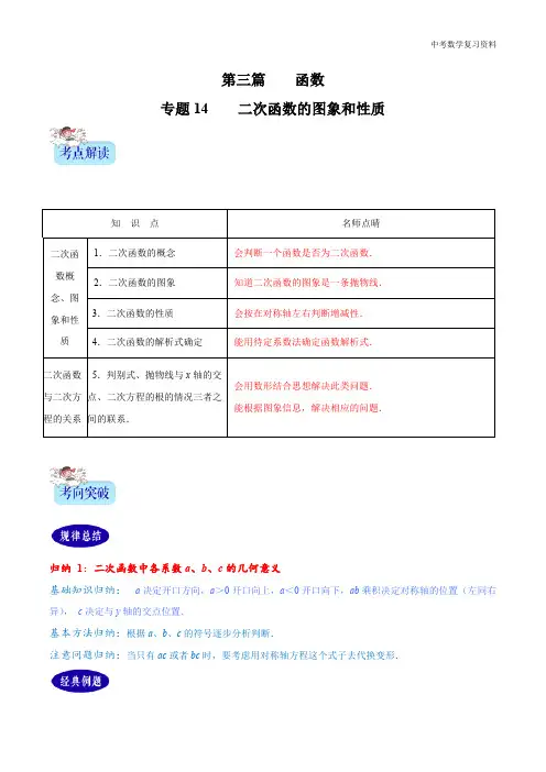 中考数学 专题14  二次函数的图象和性质(解析版)