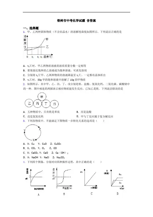 铁岭市中考化学试题 含答案
