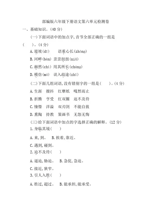 部编版六年级下册语文第六单元检测卷