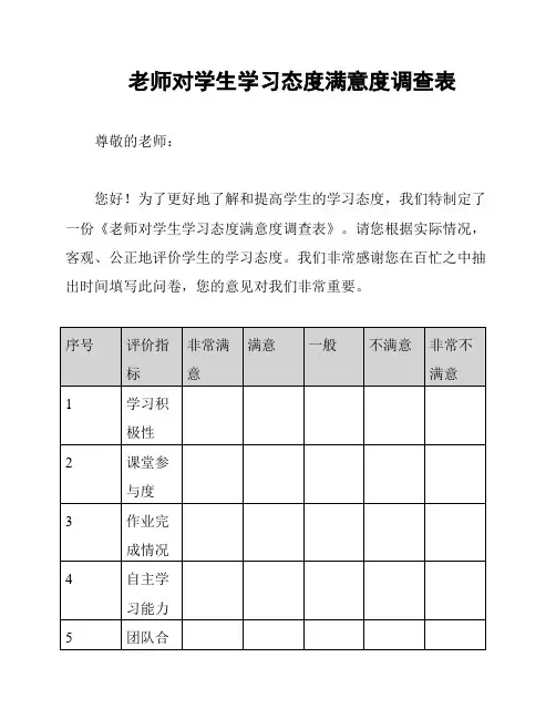 老师对学生学习态度满意度调查表