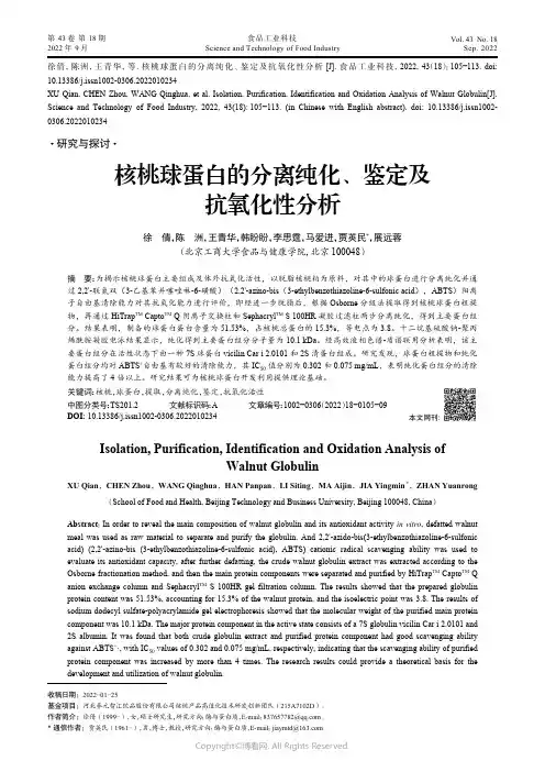 核桃球蛋白的分离纯化、鉴定及抗氧化性分析