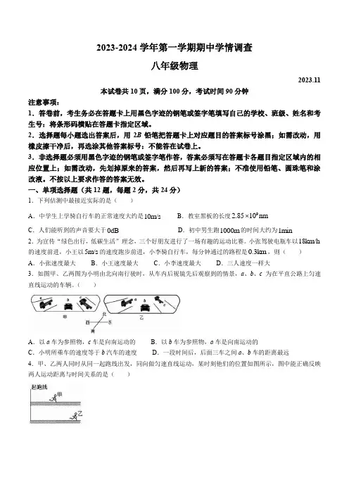 广东省深圳市龙华区2023-2024学年八年级上学期11月期中物理试题