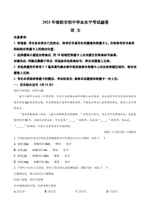 2023年湖南省邵阳市中考语文真题卷(含答案与解析)