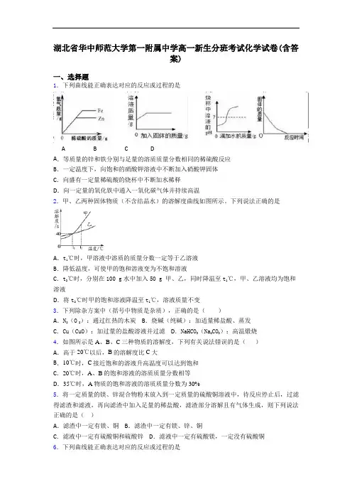 湖北省华中师范大学第一附属中学高一新生分班考试化学试卷(含答案)
