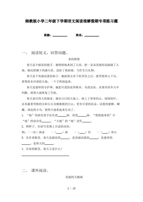 湘教版小学二年级下学期语文阅读理解假期专项练习题