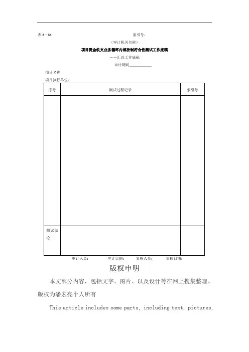 项目资金-项目资金业务循环内部控制符合性测试工作底稿