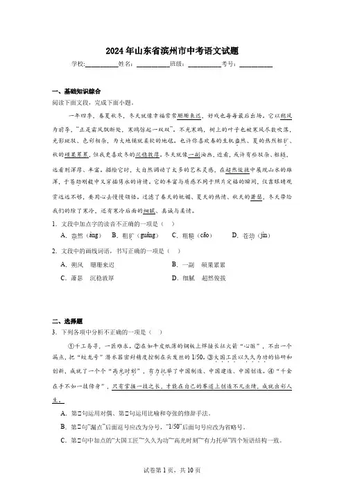 【中考真题】2024年山东省滨州市中考语文试卷(附答案)
